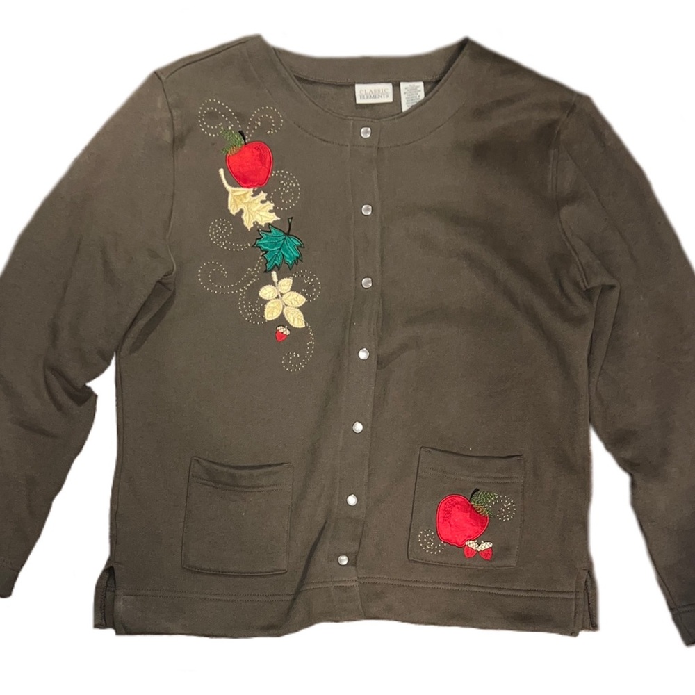 Embroidered classic elements army green apple autumn leaves snap button sweater